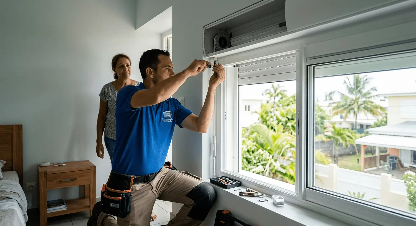 Technicien en train de réparer un volet roulant PVC à La Réunion — Serrure Prestige